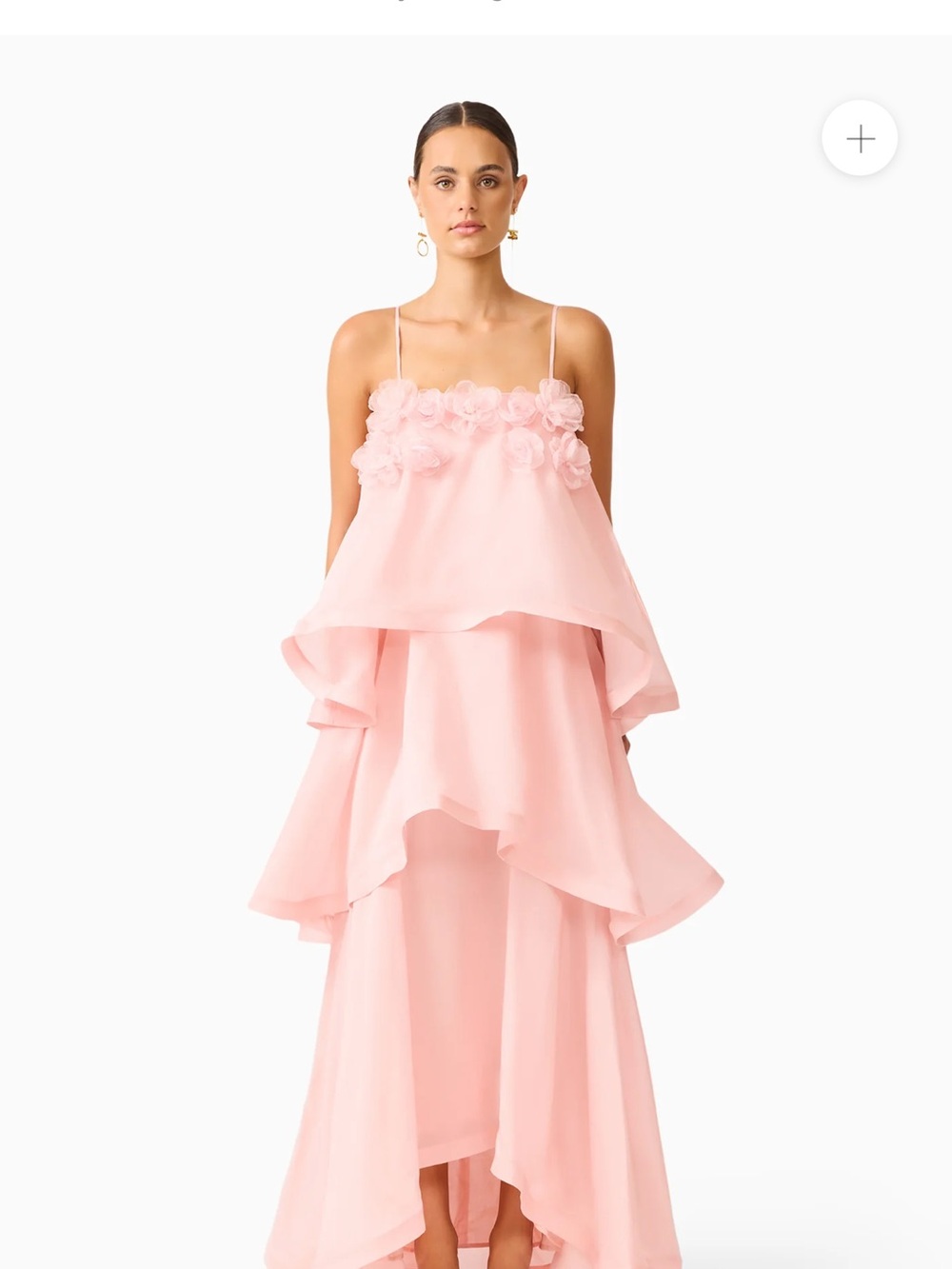Elliatt Blush Pink Tiered High-Low Dress with Floral Appliqué